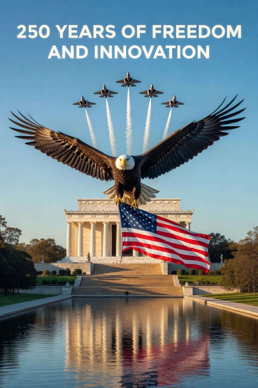 america 250 year anniversary eagle flag celebration with words '250 years of freedom and innovation' in uppercase. eagle with flag over the lincoln memorial pool. jets flying above in formation